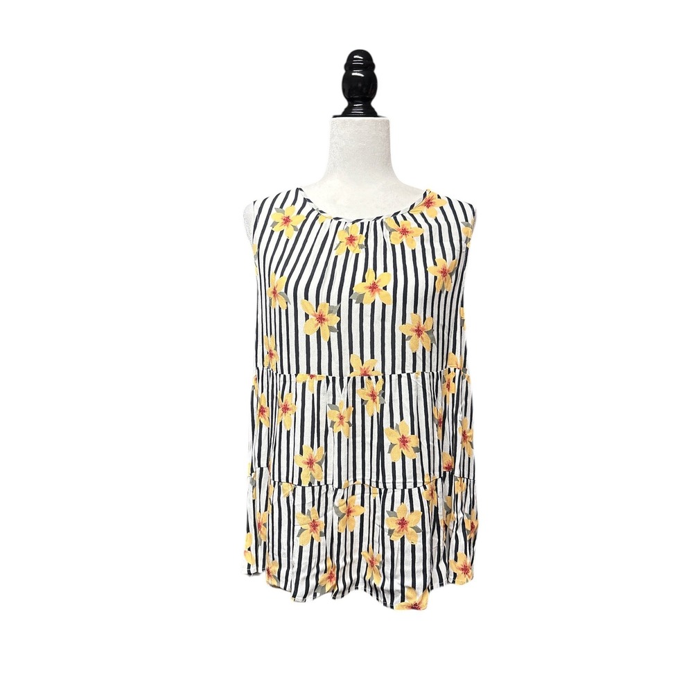 Tribal Jeans‎ Womens Floral Striped Tiered Babydoll Blouse PeachBuff Small NWT